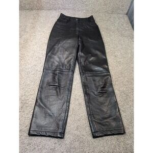Vintage Made in Spain Black Genuine Leather High Waisted Straight Leg Pants 36